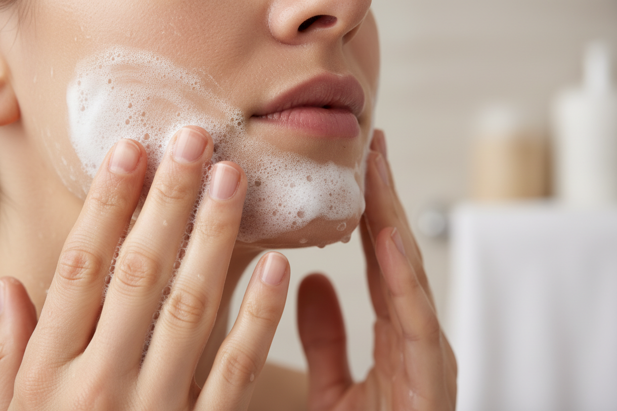 Ein Kinn das mit clenser gereinigt wird