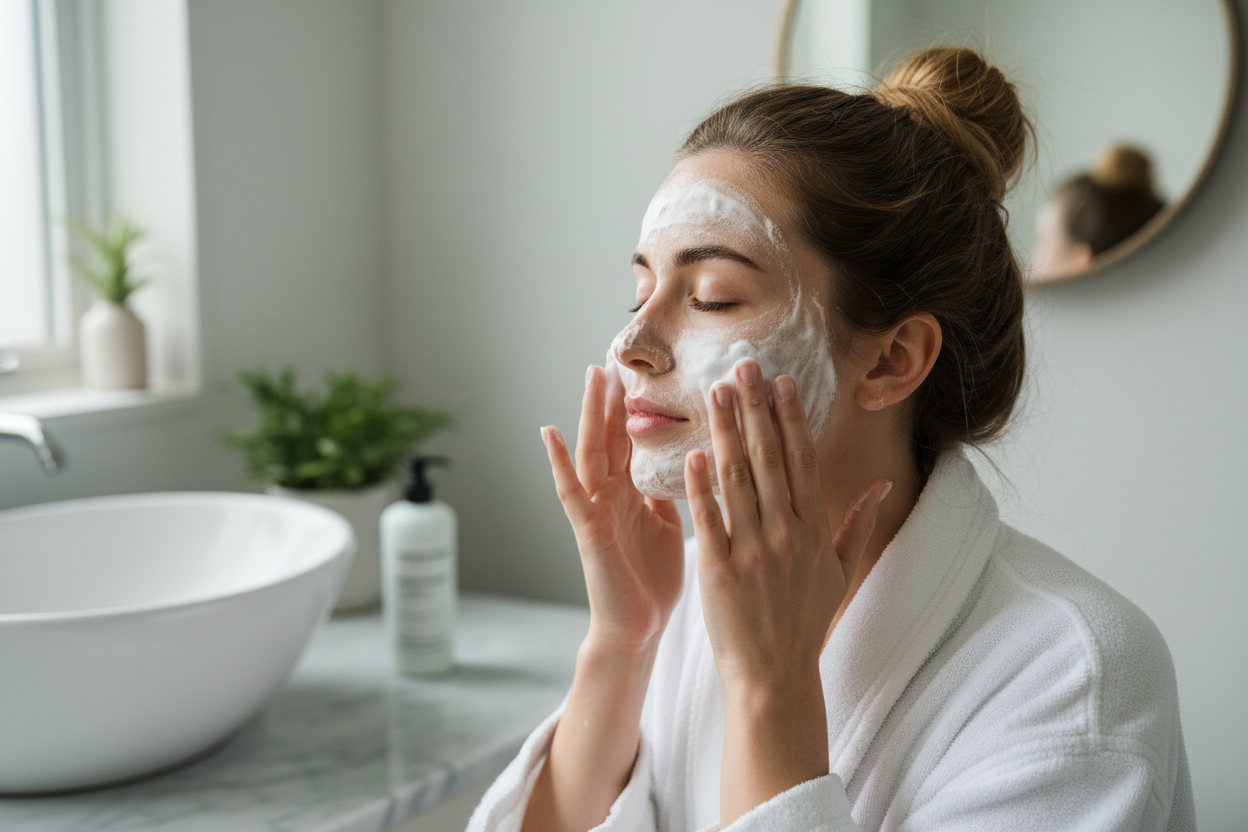 eine frau die ihr gesicht mit cleanser reinigt