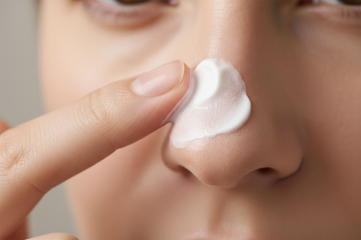 eine nase die eingecremt wird . nase mittig im bild