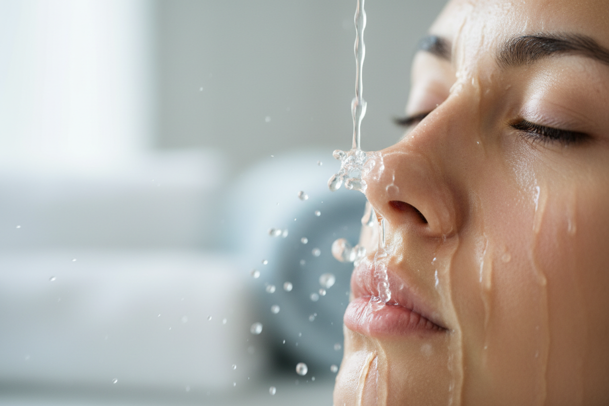 eine nase die mit wasser gereinigt wird