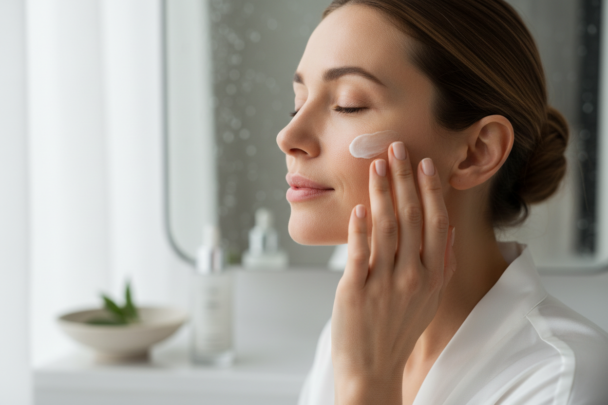 frau die eine Retinal pflege benutzt