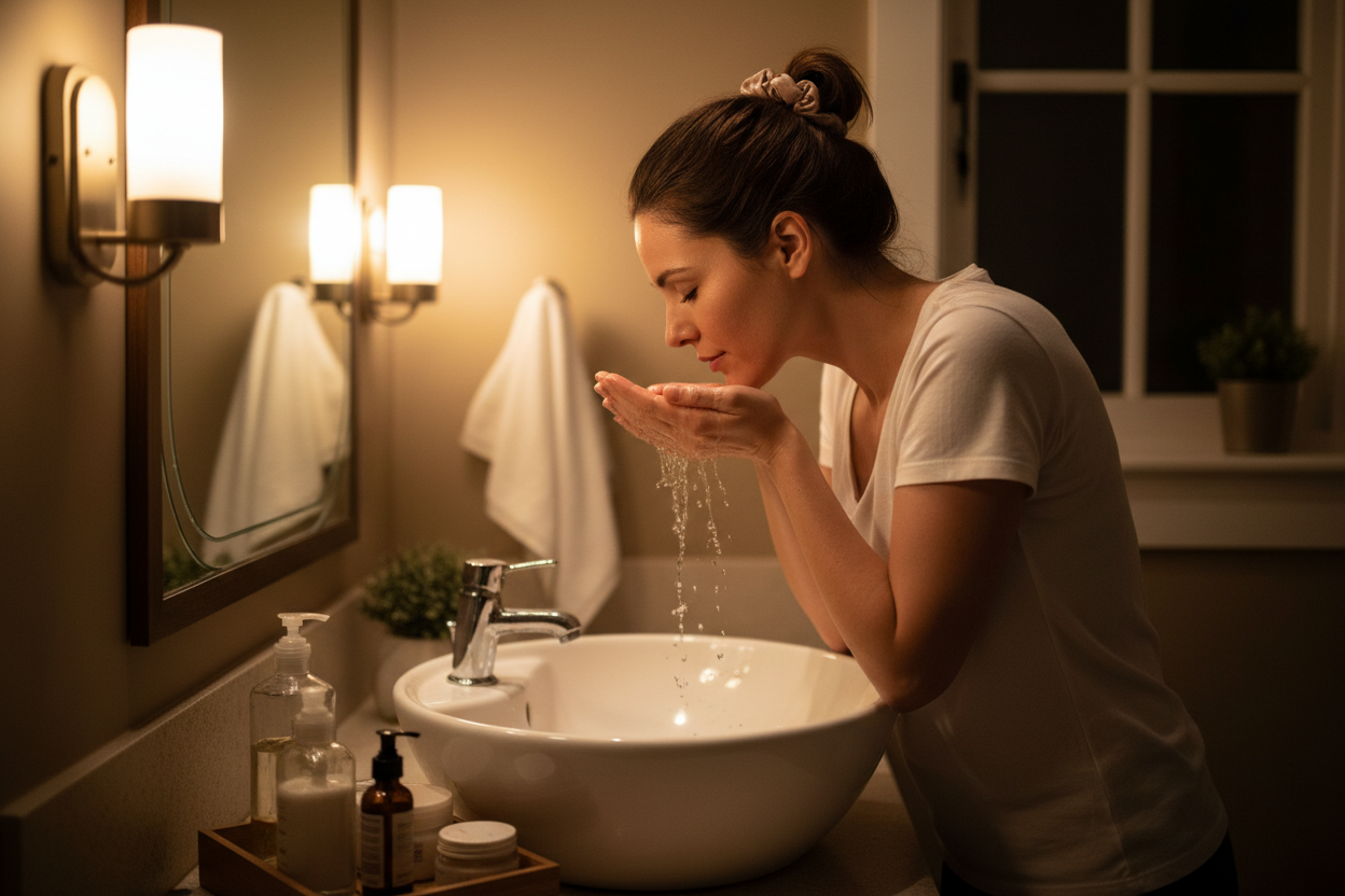 Frau die ihr gesicht wäscht mit wasser aber es muss abends sein

