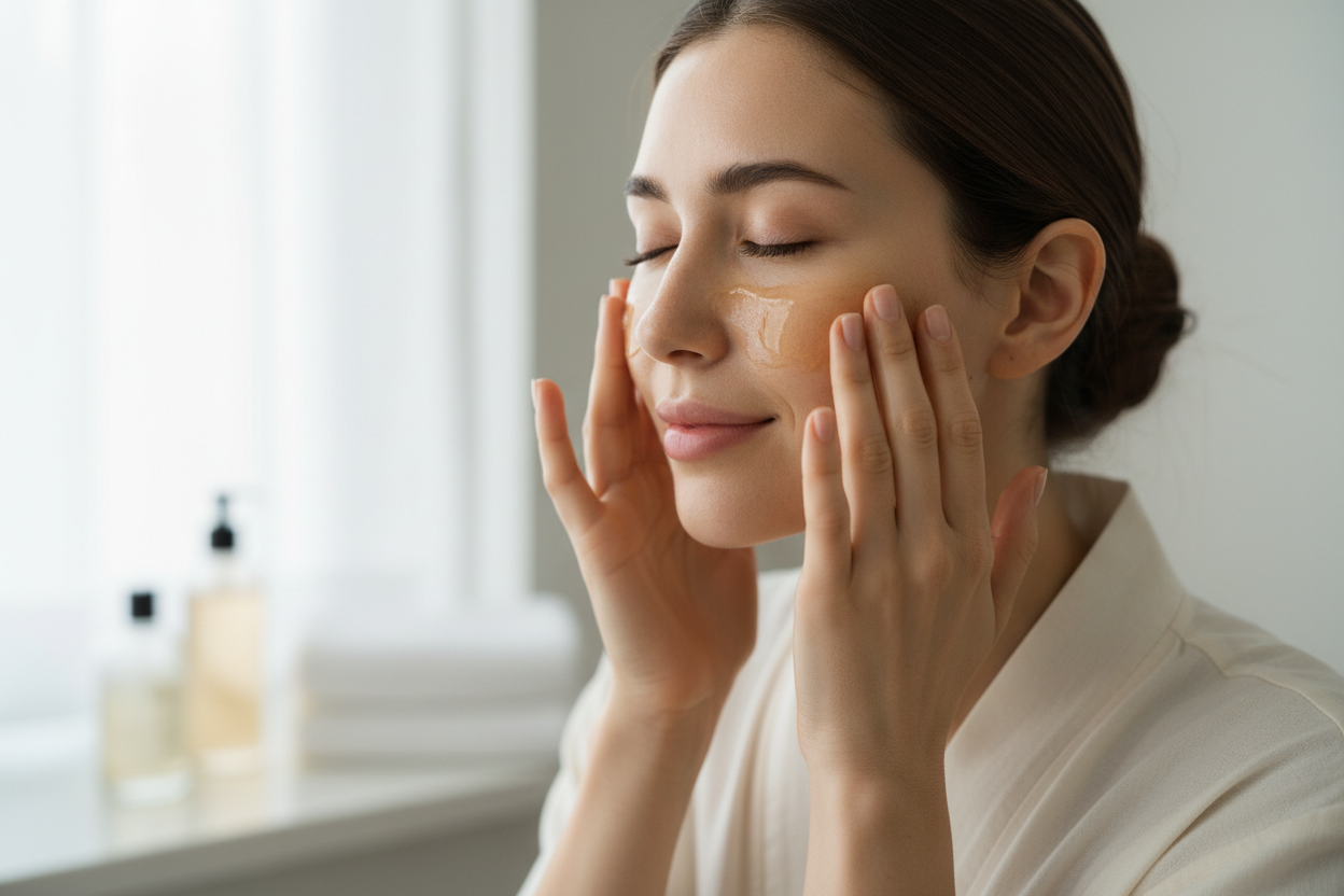 frau die im gesicht eine koreanische ölreinigung macht