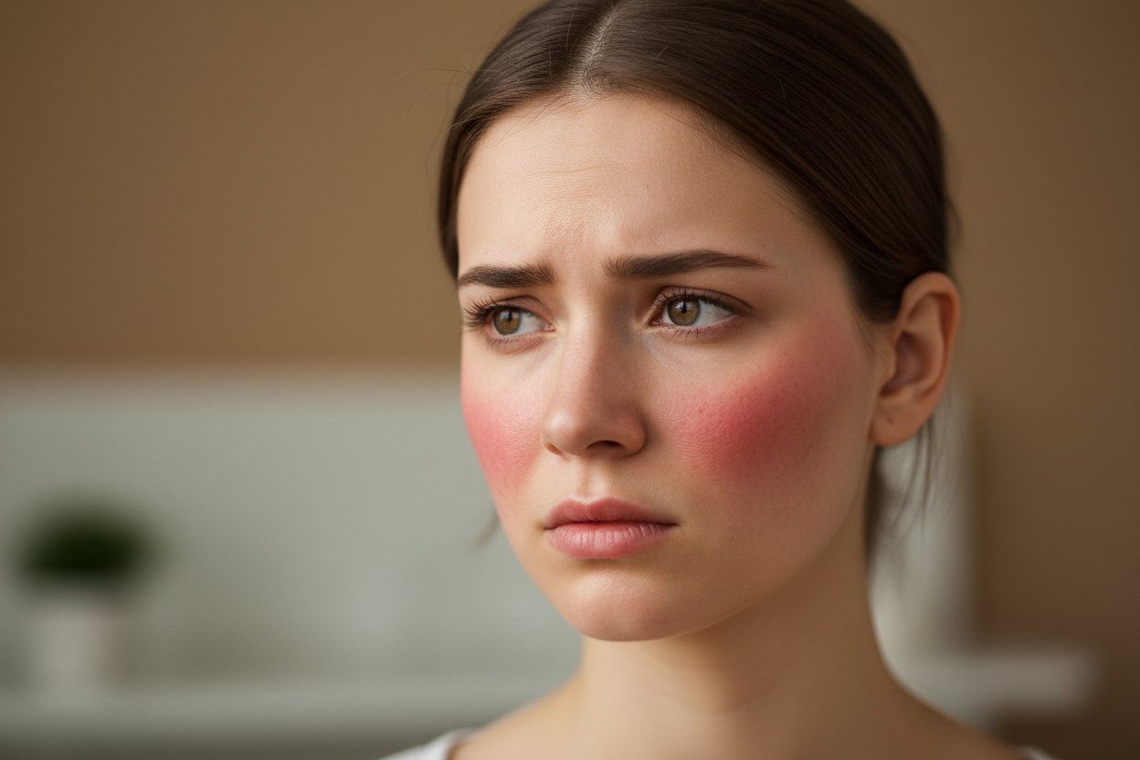 frau mit errötten wangen probleme
